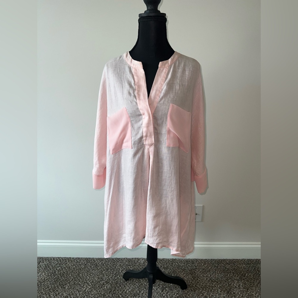 Anne Klein 3/4 Sleeve Soft Pink Linen Tunic Top Size Large